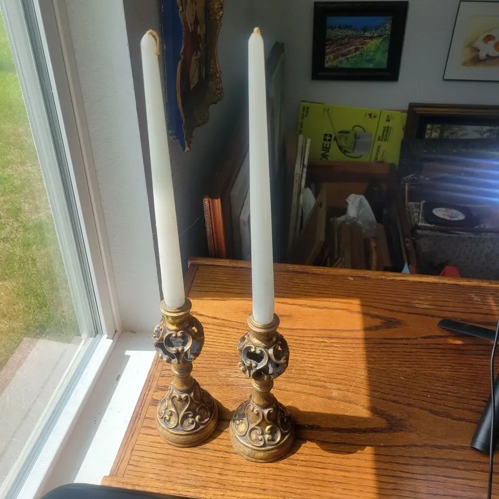 Ornate Candle Scroll Holder Gold Tone  Beige Resin 8 Inches Tall Par Lot Of 2 VG